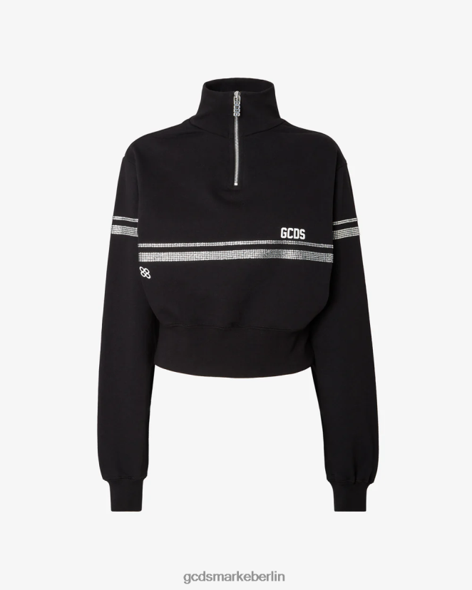 GCDS Frauen Bling-Sweatshirt mit halbem Reißverschluss LP42F342 Schwarz Kleidung