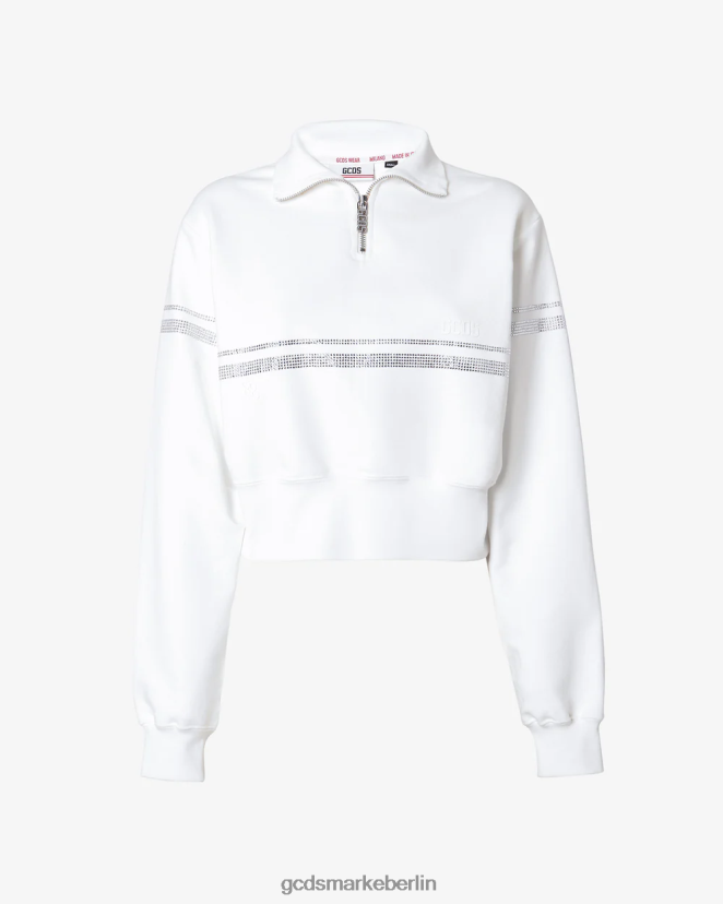 GCDS Frauen Bling-Sweatshirt mit halbem Reißverschluss LP42F344 Weiß Kleidung