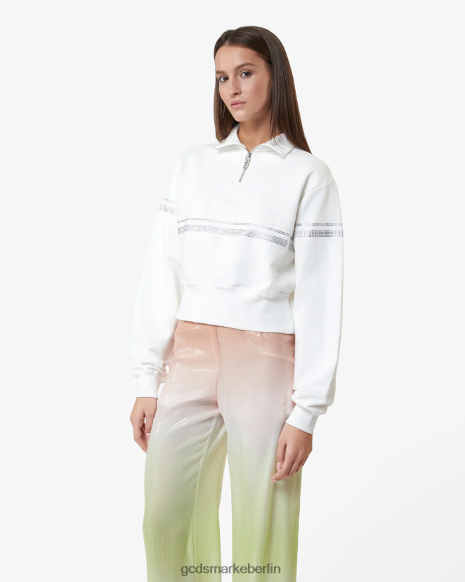 GCDS Frauen Bling-Sweatshirt mit halbem Reißverschluss LP42F344 Weiß Kleidung