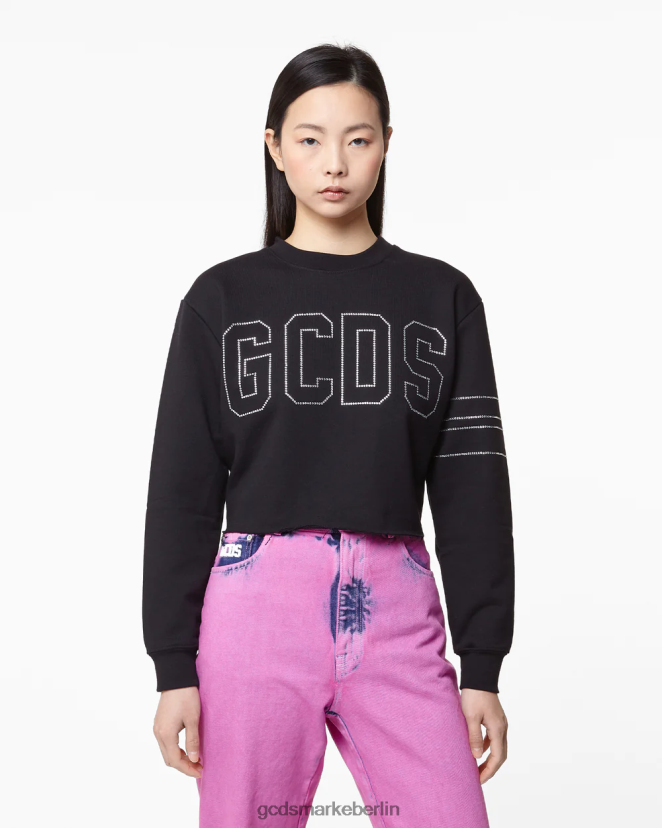 GCDS Frauen Kurzes Sweatshirt aus glitzerndem Jersey LP42F341 Schwarz Kleidung