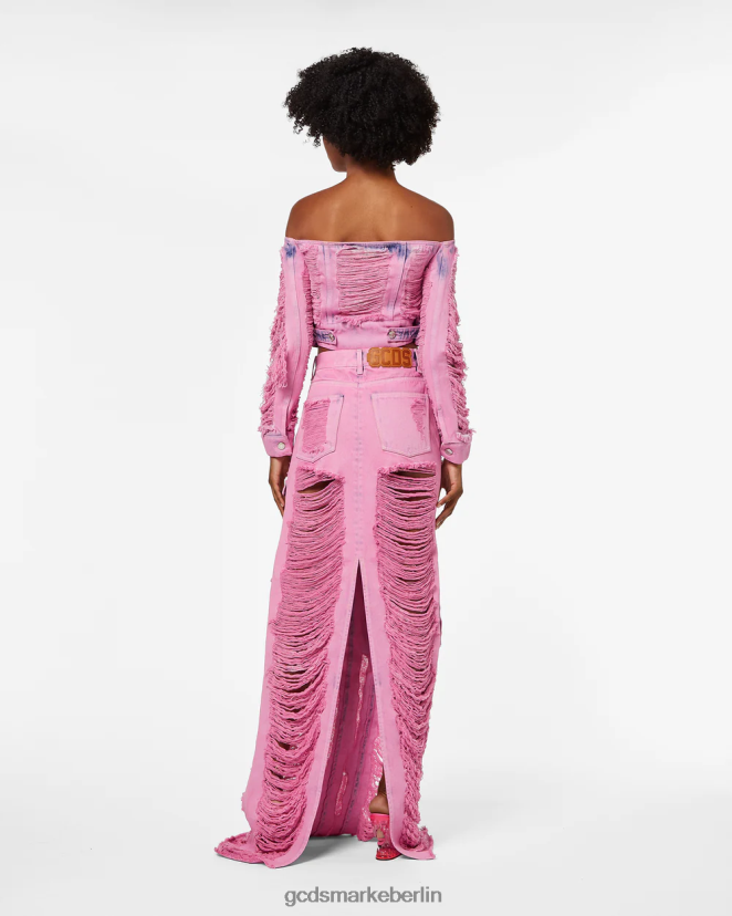 GCDS Frauen Langer Ultracargo-Jeansrock mit Fransen LP42F433 Rosa Kleidung