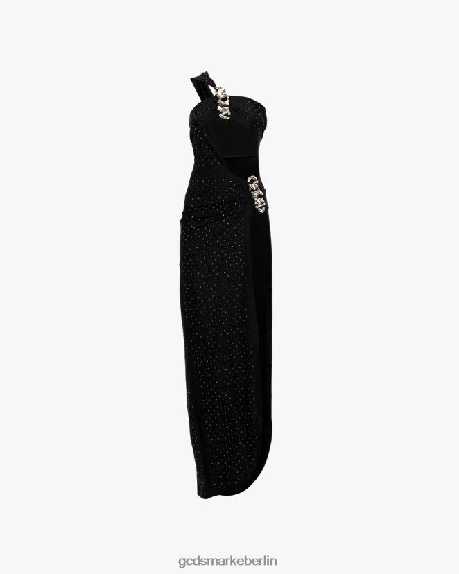 GCDS Frauen Langes Kleid mit Bling-Kette LP42F396 Schwarz Kleidung