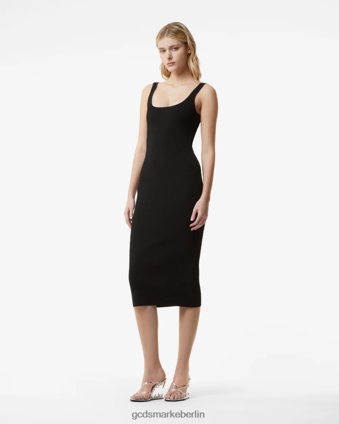 GCDS Frauen Langes Kleid mit Logo-Kette LP42F400 Schwarz Kleidung