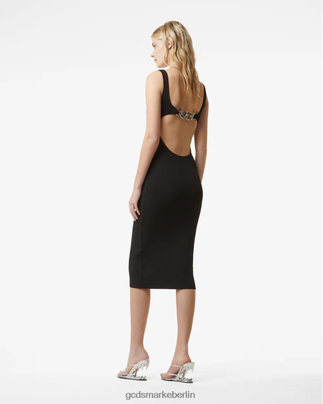 GCDS Frauen Langes Kleid mit Logo-Kette LP42F400 Schwarz Kleidung