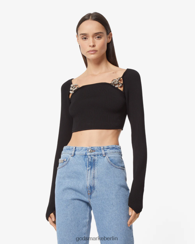 GCDS Frauen Langärmliges Oberteil mit Logo-Kette LP42F386 Schwarz Kleidung