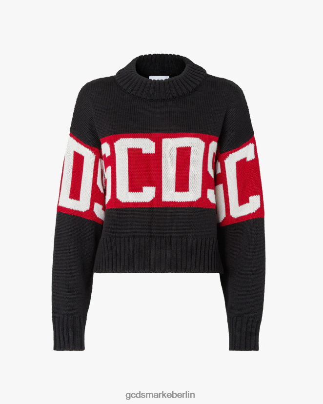 GCDS Frauen Kastenförmiger Pullover mit Logoband LP42F339 Schwarz Kleidung
