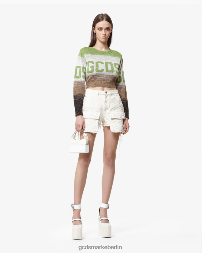 GCDS Frauen Kurzer Pullover mit Lurex-Degradierung LP42F327 Militärgrün Kleidung