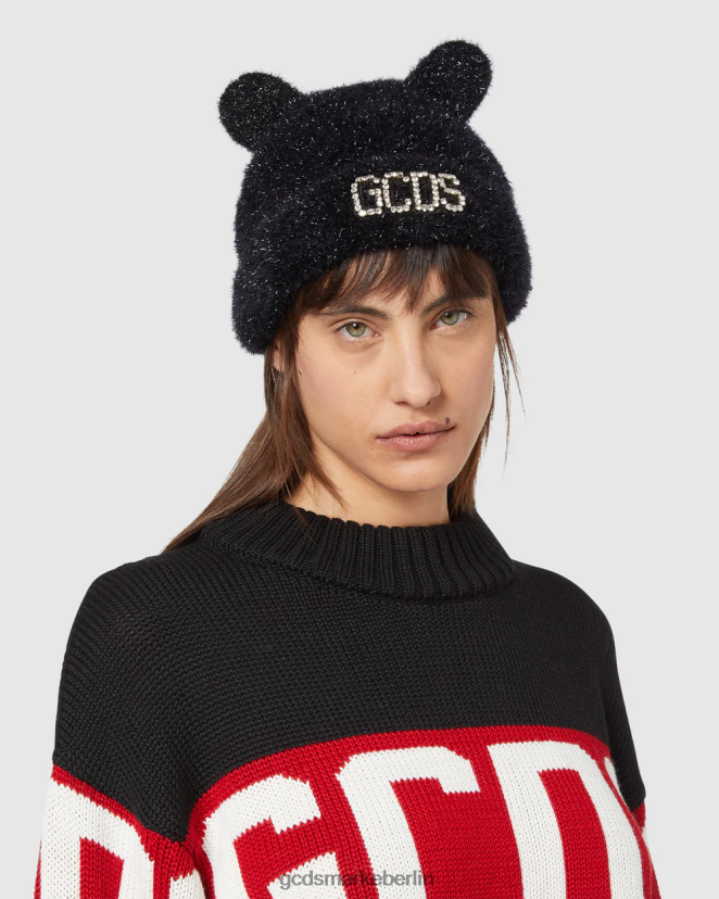 GCDS Frauen Beanie mit Teddyohren LP42F544 Schwarz Zubehörteil