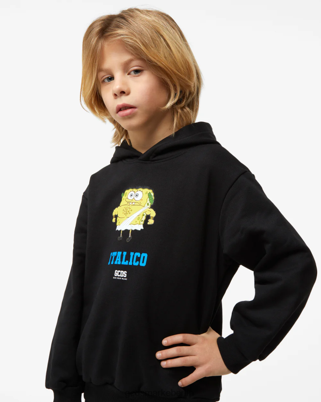 GCDS Kinder Kapuzenpullover „Spongebob Italico“ für Kinder LP42F704 Schwarz Kleidung