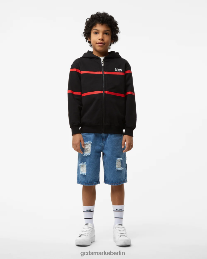 GCDS Kinder Kapuzenpullover für Kinder mit niedrigem Logoband und Reißverschluss LP42F699 Schwarz Kleidung