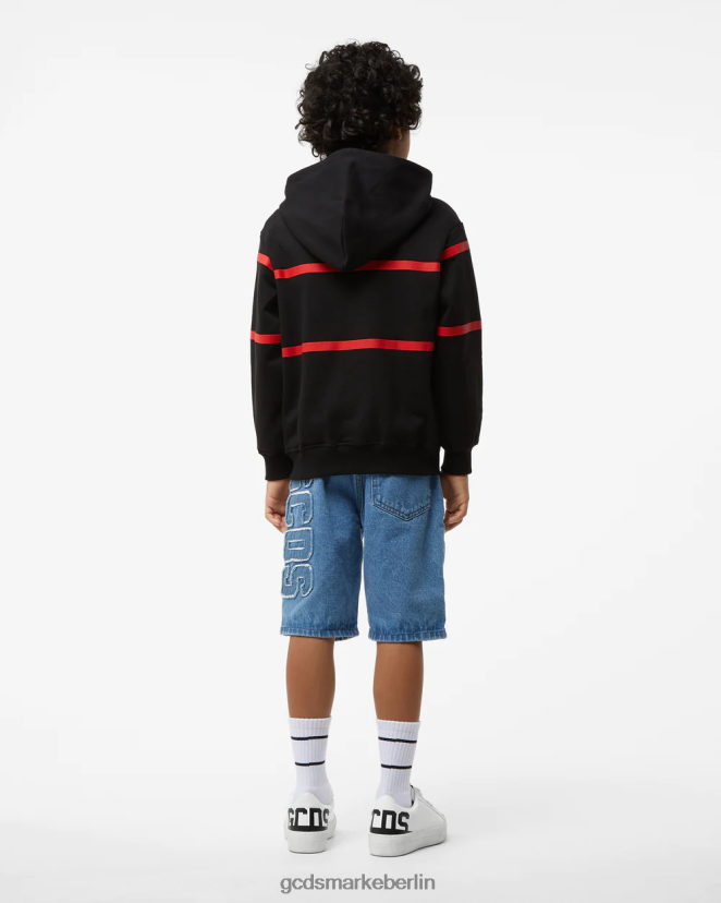 GCDS Kinder Kapuzenpullover für Kinder mit niedrigem Logoband und Reißverschluss LP42F699 Schwarz Kleidung