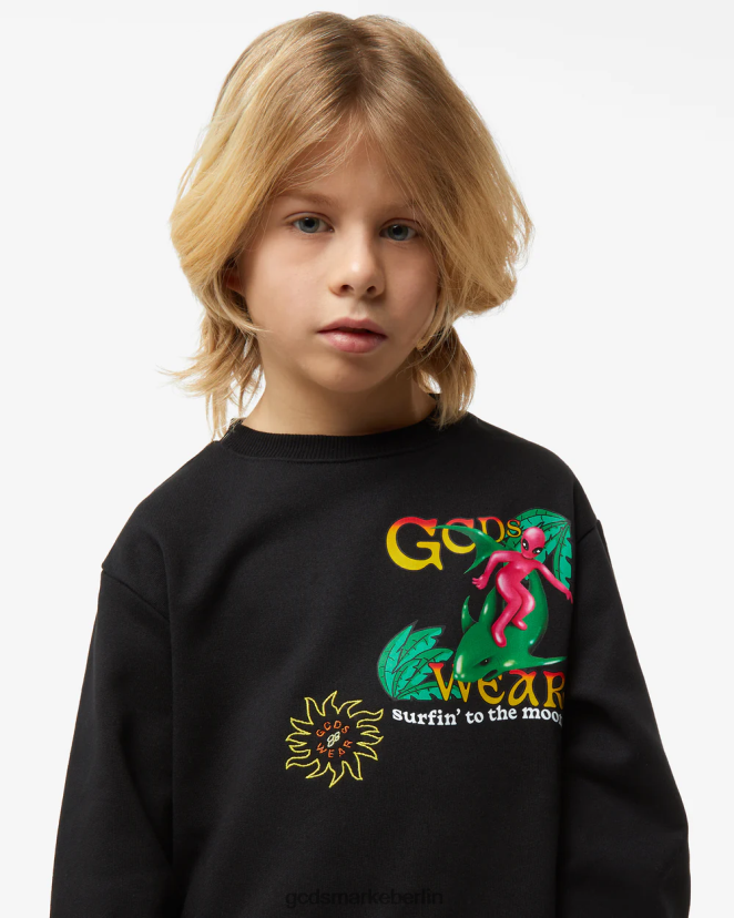 GCDS Kinder Kapuzenpullover mit Aufdruck „Wirdo Surfing“ für Kinder LP42F685 Schwarz Kleidung