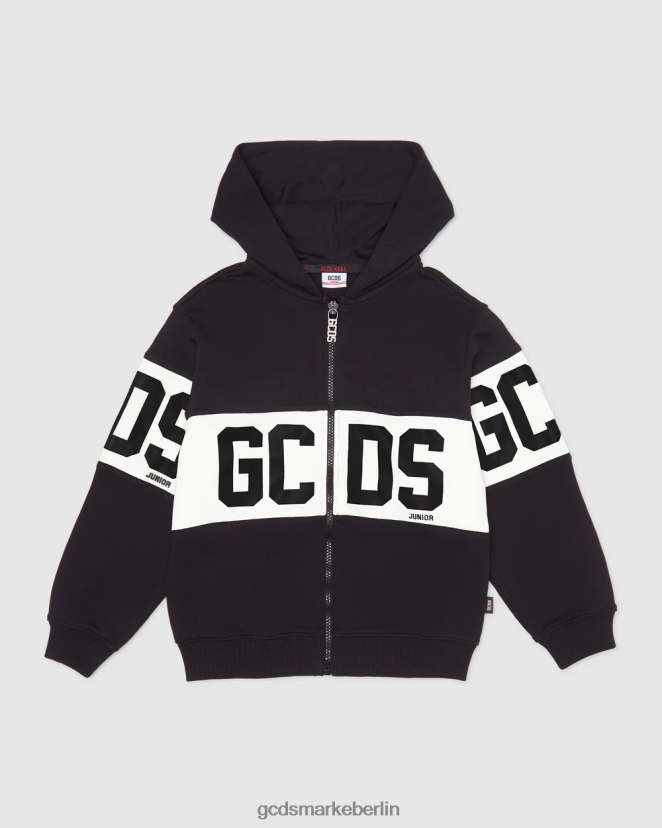 GCDS Kinder Kapuzenpullover mit Reißverschluss für Kinder mit Logoband LP42F670 Schwarz Kleidung