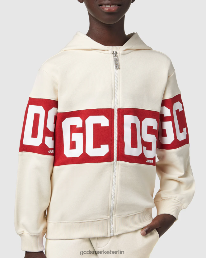 GCDS Kinder Kapuzenpullover mit Reißverschluss für Kinder mit Logoband LP42F676 Schaumgrau Kleidung