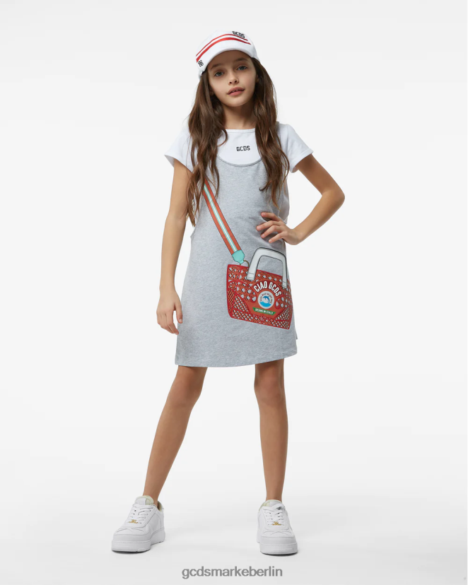 GCDS Kinder Junior-T-Shirt-Kleid „ciao“. LP42F804 grau Kleidung