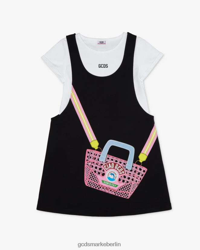 GCDS Kinder Junior-T-Shirt-Kleid „ciao“. LP42F805 Schwarz Kleidung