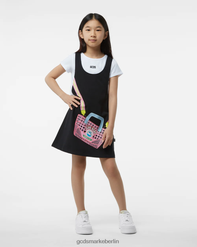 GCDS Kinder Junior-T-Shirt-Kleid „ciao“. LP42F805 Schwarz Kleidung