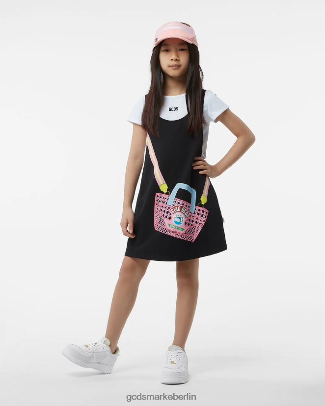 GCDS Kinder Junior-T-Shirt-Kleid „ciao“. LP42F805 Schwarz Kleidung