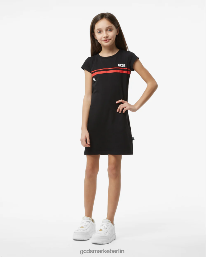 GCDS Kinder Junior-T-Shirt-Kleid mit niedrigem Logoband LP42F807 Schwarz Kleidung