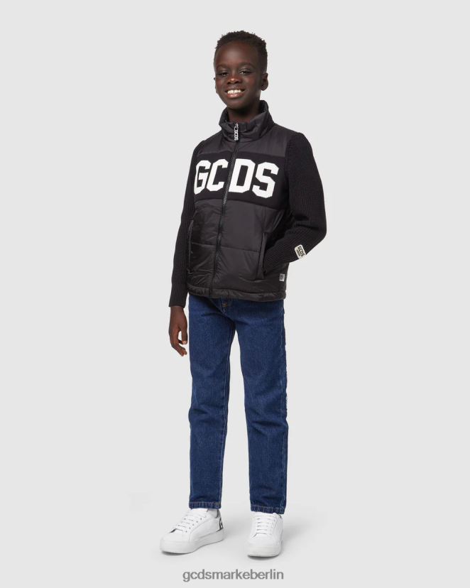 GCDS Kinder Junior-Puffermantel mit Logo LP42F662 Schwarz Kleidung