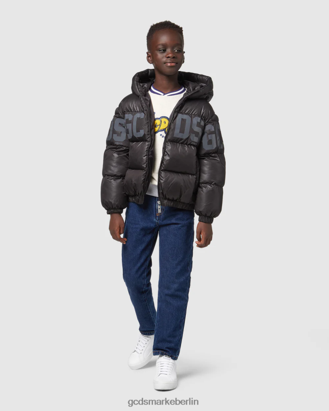 GCDS Kinder Wattierte Junior-Jacke mit Logoband LP42F661 Schwarz Kleidung