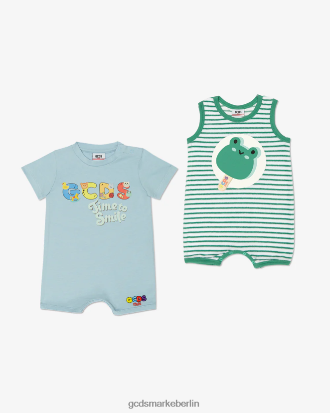 GCDS Kinder Zweiteiliges Baby-Strampler-Set „Frosch“. LP42F588 hellblau Kleidung