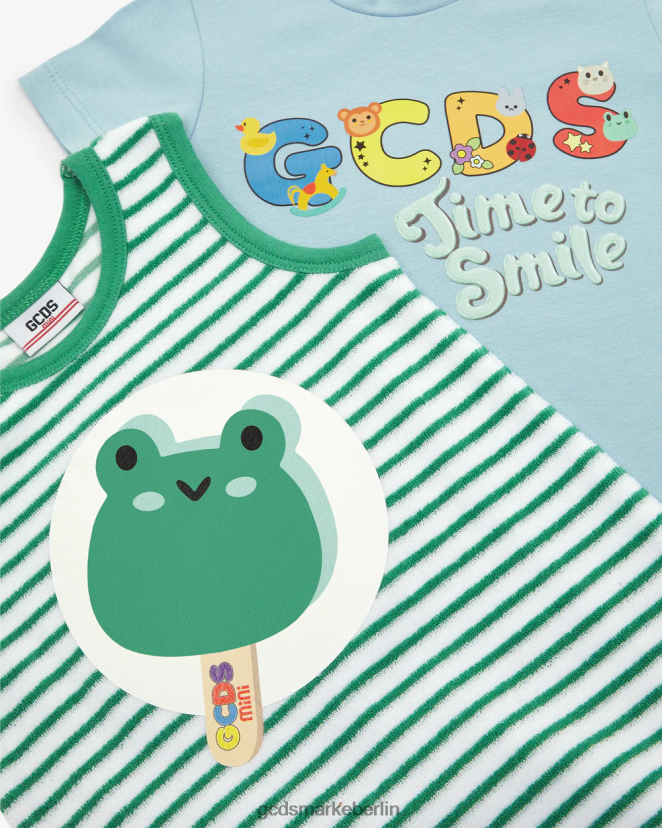 GCDS Kinder Zweiteiliges Baby-Strampler-Set „Frosch“. LP42F588 hellblau Kleidung