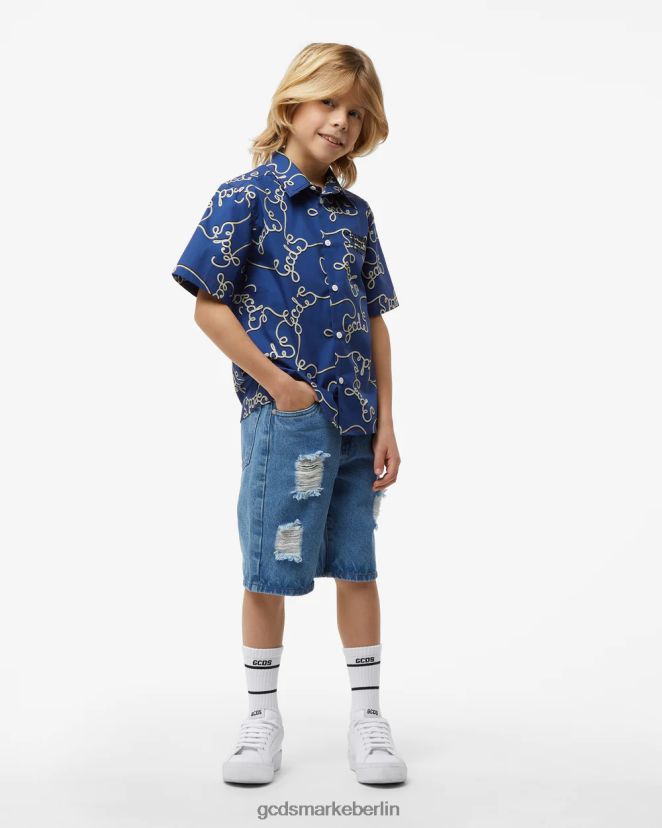 GCDS Kinder Junior-Allover-Baumwollhemd LP42F731 Blau Kleidung