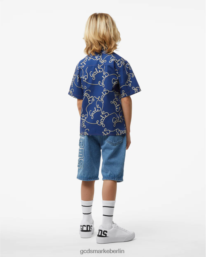 GCDS Kinder Junior-Allover-Baumwollhemd LP42F731 Blau Kleidung
