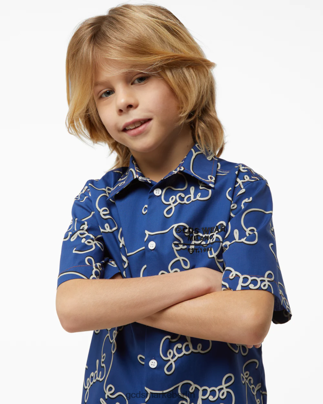 GCDS Kinder Junior-Allover-Baumwollhemd LP42F731 Blau Kleidung