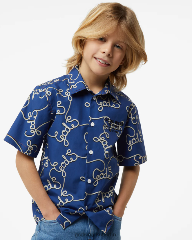 GCDS Kinder Junior-Allover-Baumwollhemd LP42F731 Blau Kleidung