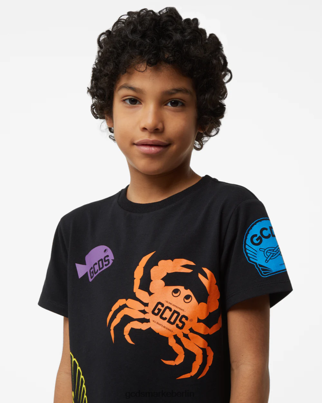 GCDS Kinder Junior-Shell-T-Shirt LP42F727 Schwarz Kleidung