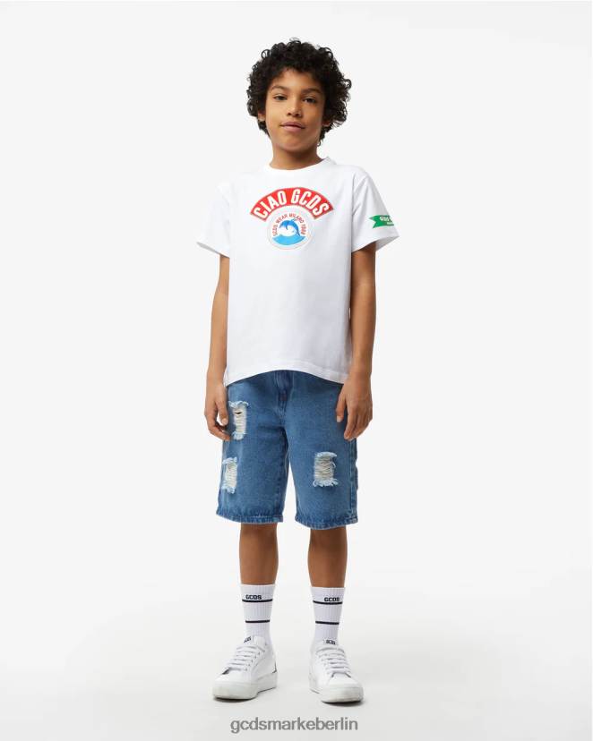 GCDS Kinder Junior-T-Shirt „ciao“. LP42F725 Weiß Kleidung