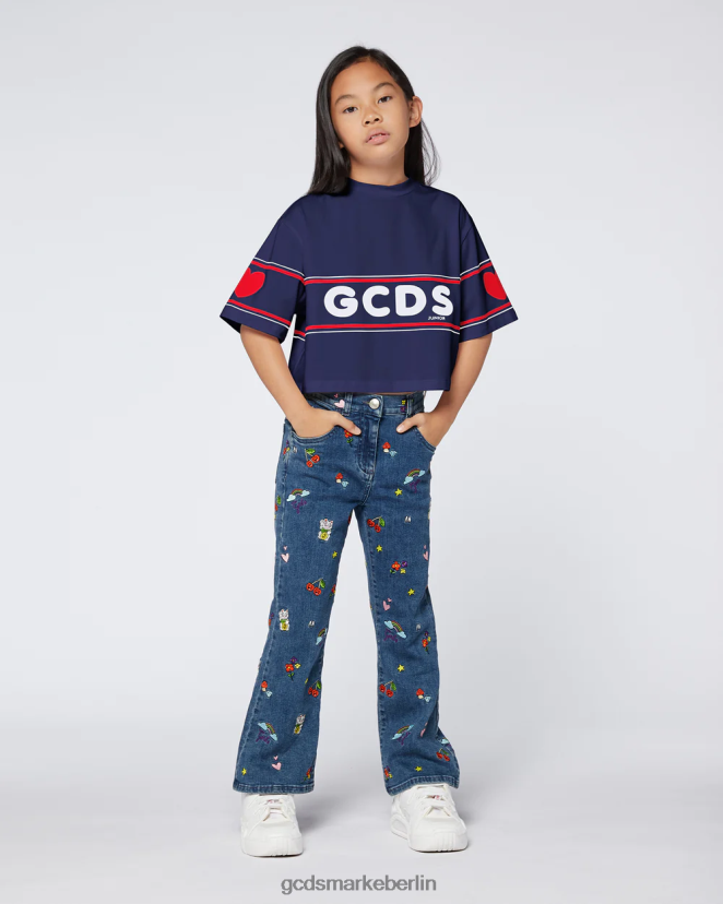 GCDS Kinder Junior-T-Shirt mit Crop-Logo LP42F791 Dunkelblau Kleidung