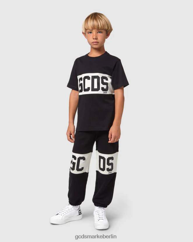 GCDS Kinder Junior-T-Shirt mit Logoband LP42F710 Schwarz Kleidung