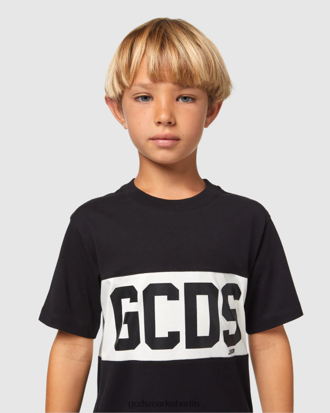 GCDS Kinder Junior-T-Shirt mit Logoband LP42F710 Schwarz Kleidung