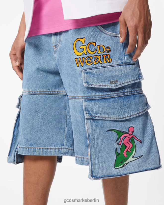 GCDS Männer Bestickte Ultracargo-Denim-Bermuda LP42F126 neues hellblau Kleidung