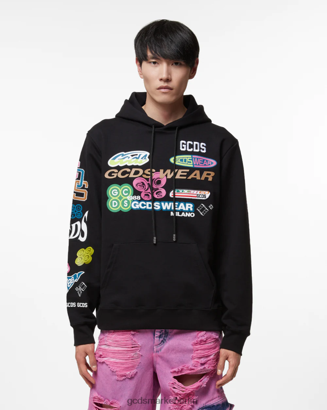 GCDS Männer Hentai übergroßer Kapuzenpullover LP42F60 Schwarz Kleidung