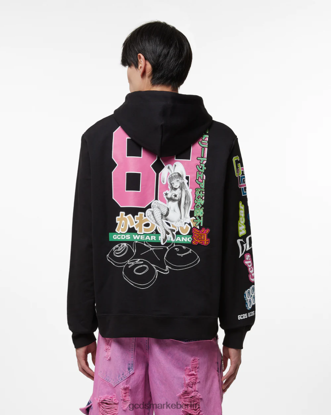 GCDS Männer Hentai übergroßer Kapuzenpullover LP42F60 Schwarz Kleidung
