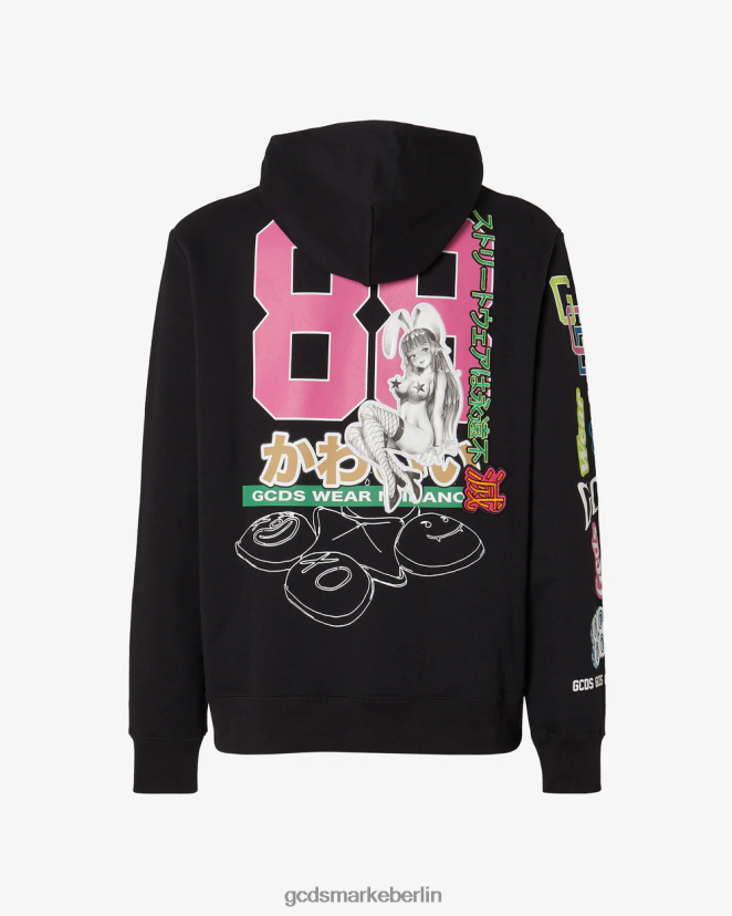 GCDS Männer Hentai übergroßer Kapuzenpullover LP42F60 Schwarz Kleidung