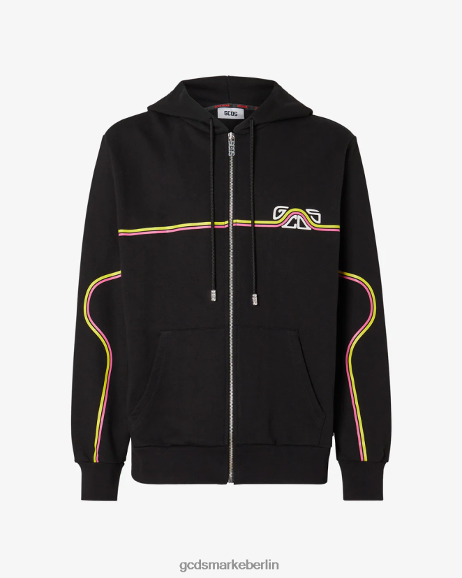GCDS Männer Normaler Kapuzenpullover mit Reißverschluss und Wellenlogo LP42F67 Schwarz Kleidung