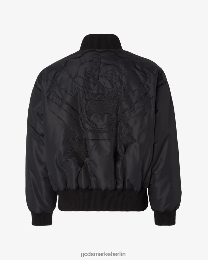 GCDS Männer Kurze Bomberjacke mit Spongebob-Stickerei LP42F7 Schwarz Kleidung