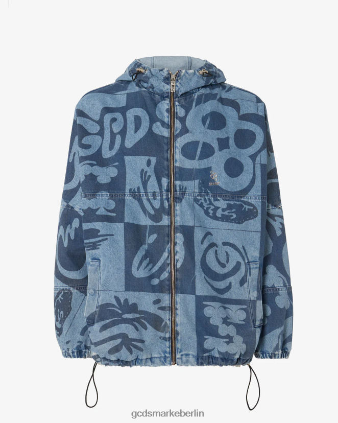GCDS Männer Windjacke aus Denim mit Schachbrettmuster LP42F9 neues hellblau Kleidung