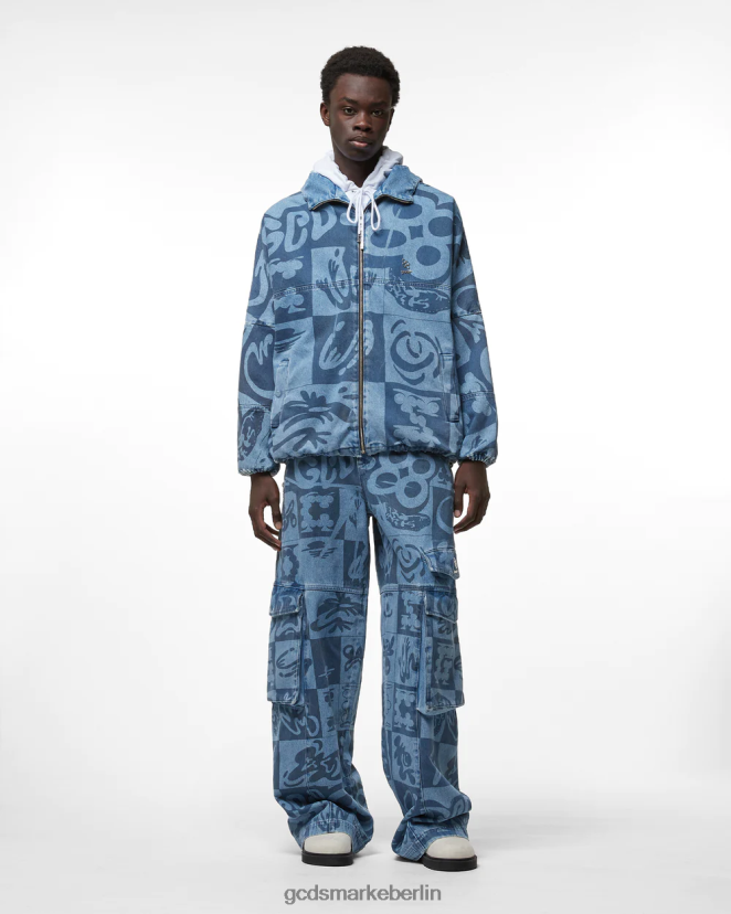 GCDS Männer Windjacke aus Denim mit Schachbrettmuster LP42F9 neues hellblau Kleidung