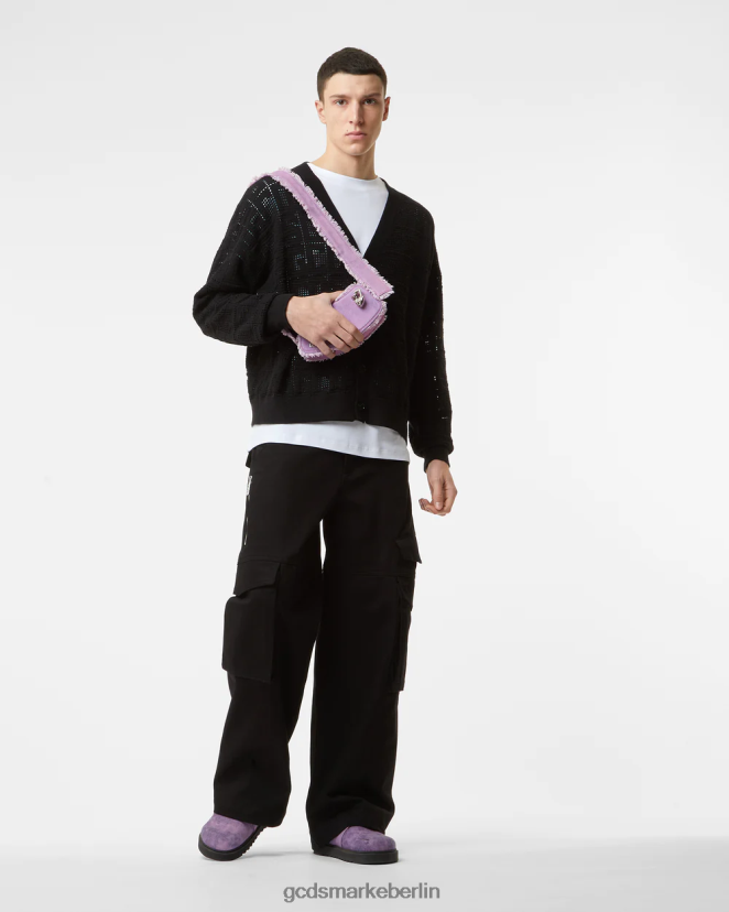 GCDS Männer Monogramm-Makramee-Cardigan LP42F20 Schwarz Kleidung