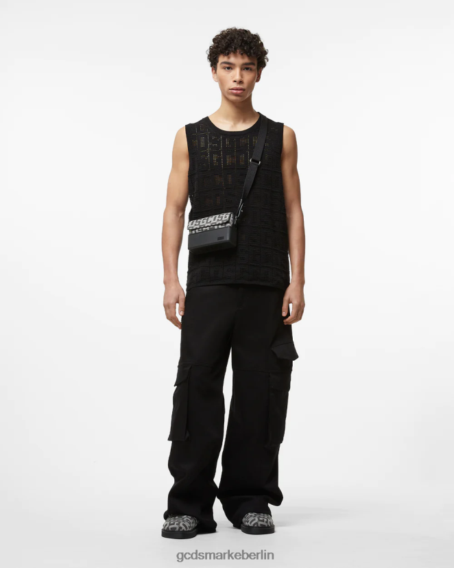 GCDS Männer Monogramm-Makramee-Tanktop LP42F17 Schwarz Kleidung