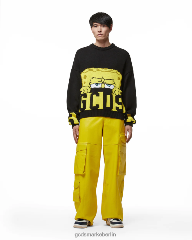 GCDS Männer Spongebob-Pullover mit niedrigem Band und Logo LP42F39 Schwarz Kleidung