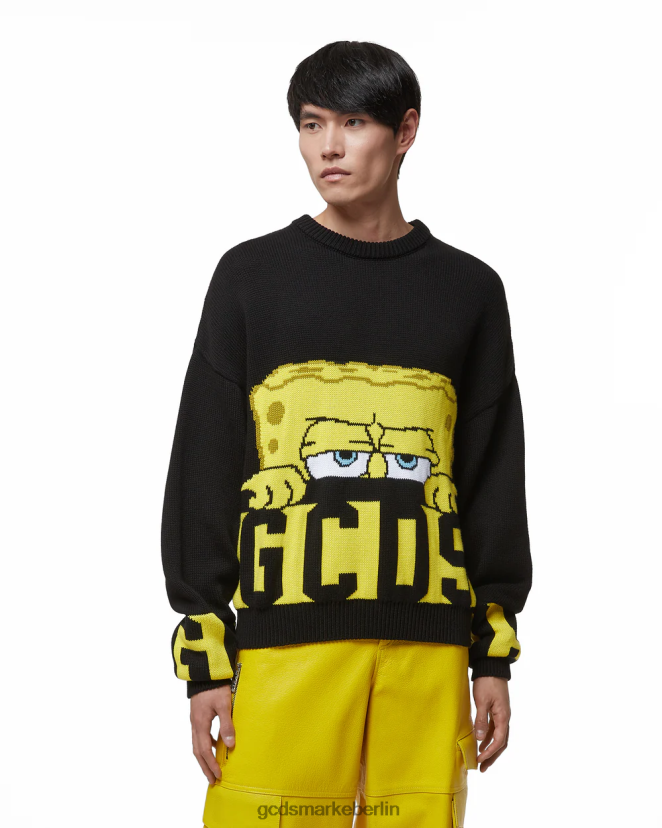 GCDS Männer Spongebob-Pullover mit niedrigem Band und Logo LP42F39 Schwarz Kleidung