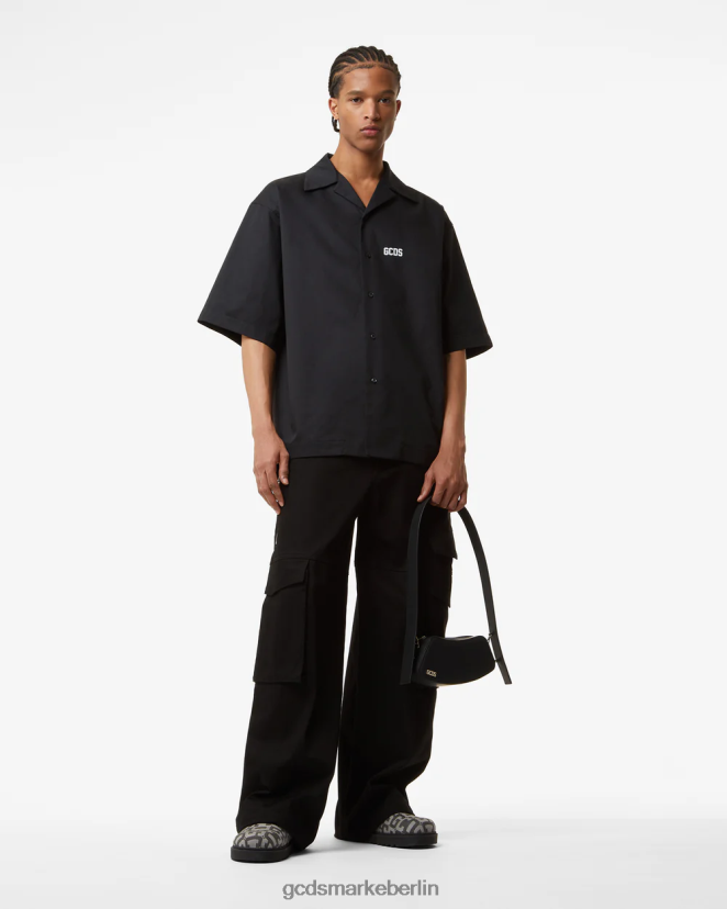 GCDS Männer Bowlingshirt mit niedrigem Bund LP42F85 Schwarz Kleidung
