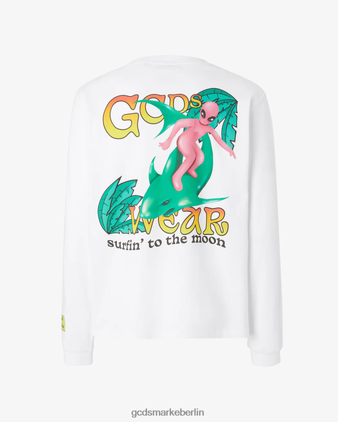 GCDS Männer Langärmliges T-Shirt mit Surfing-Wirdo-Aufdruck LP42F102 Weiß Kleidung